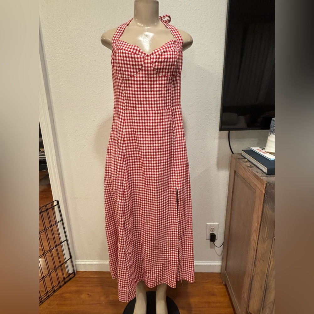 Reformation Red Checkered Halter Maxi Dress 100% Linen
